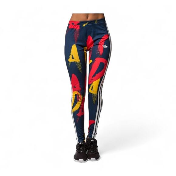 adidas Pants - ADIDAS Paris Graphic Print Three Stripe Leggings Navy Red Yellow - Medium